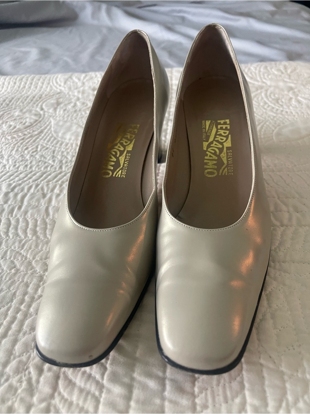 Salvatore Ferragamo Off-White Leather Block Heel Pumps